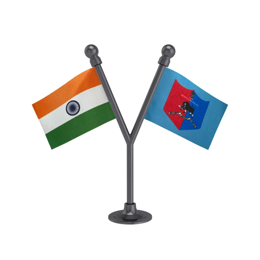 India & Nagaland Police Car Dashboard Flag of 2in x 3in With A Plastic Base