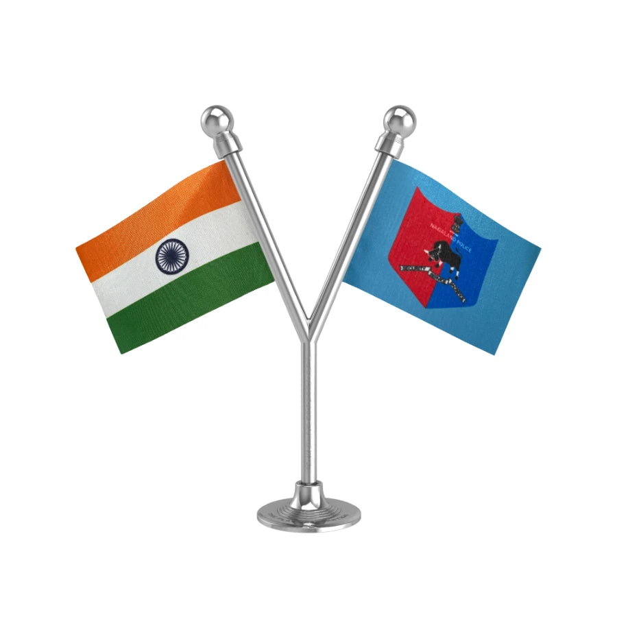 India & Nagaland Police Car Dashboard Flag of 2in x 3in With A Plastic Base