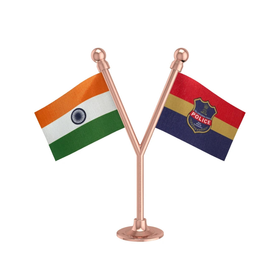India & Telangana Police Car Dashboard Flag of 2in x 3in With A Plastic Base