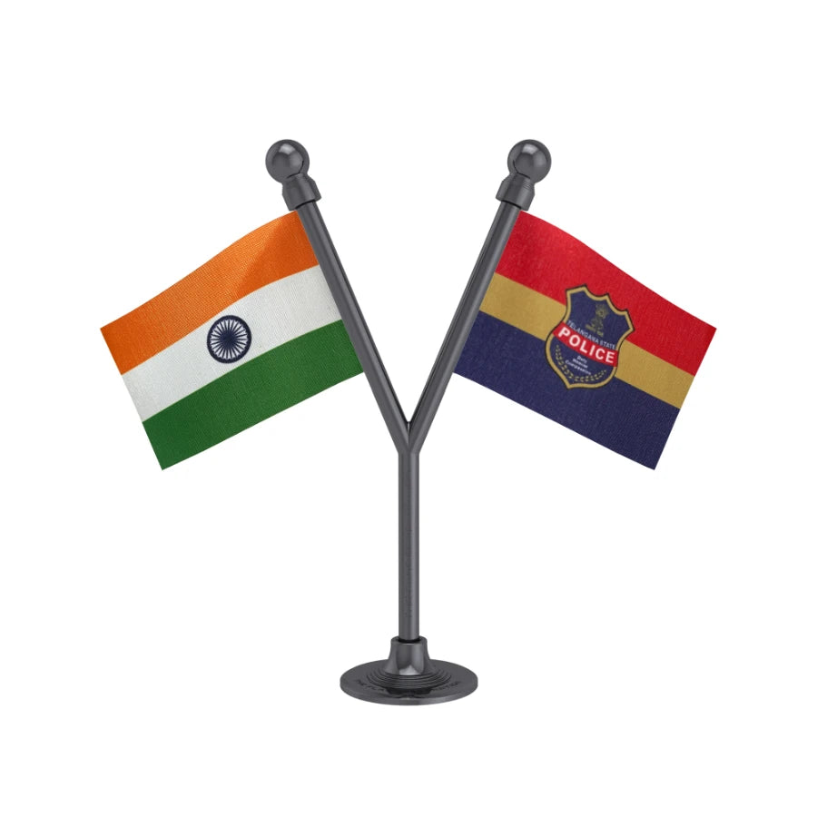 India & Telangana Police Car Dashboard Flag of 2in x 3in With A Plastic Base
