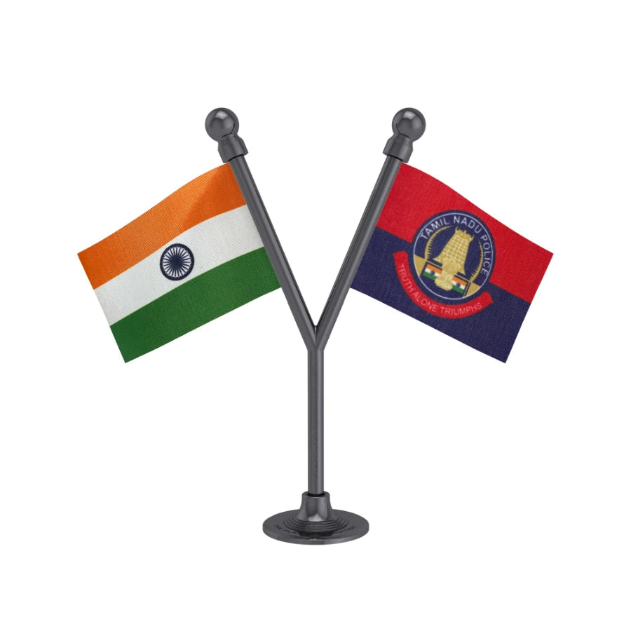 India & Tamil Nadu Police Car Dashboard Flag of 2in x 3in With A Plastic Base