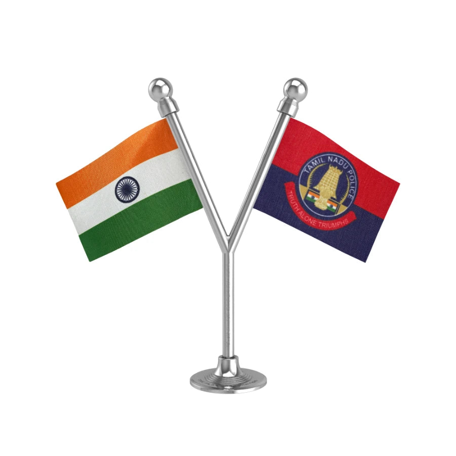 India & Tamil Nadu Police Car Dashboard Flag of 2in x 3in With A Plastic Base