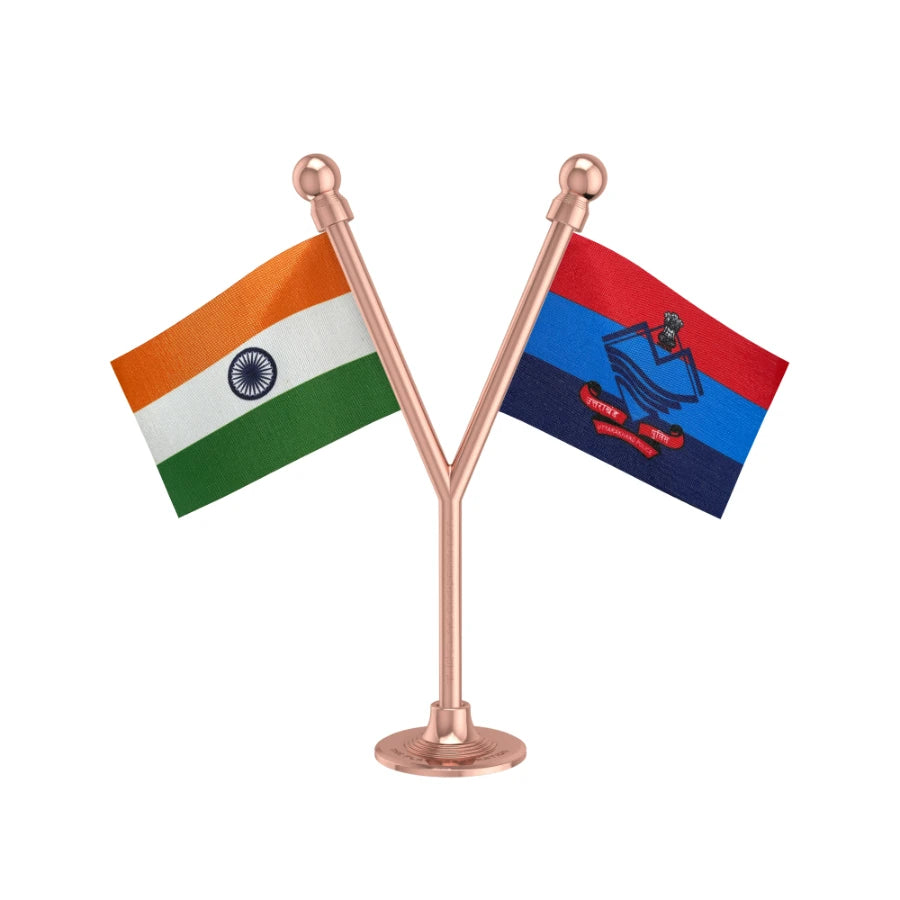 India & Uttarakhand Police Car Dashboard Flag of 2in x 3in With A Plastic Base