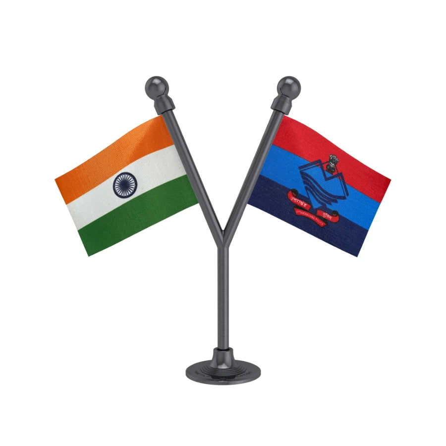 India & Uttarakhand Police Car Dashboard Flag of 2in x 3in With A Plastic Base