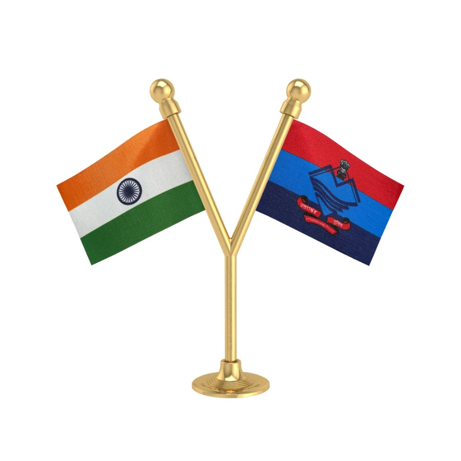 India & Uttarakhand Police Car Dashboard Flag of 2in x 3in With A Plastic Base