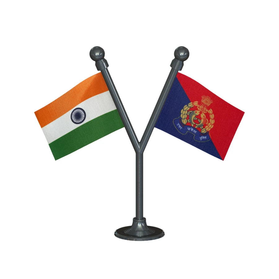 India & Uttar Pradesh Police Car Dashboard Flag of 2in x 3in With A Plastic Base