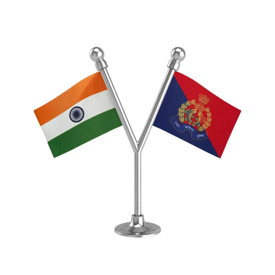 India & Uttar Pradesh Police Car Dashboard Flag of 2in x 3in With A Plastic Base