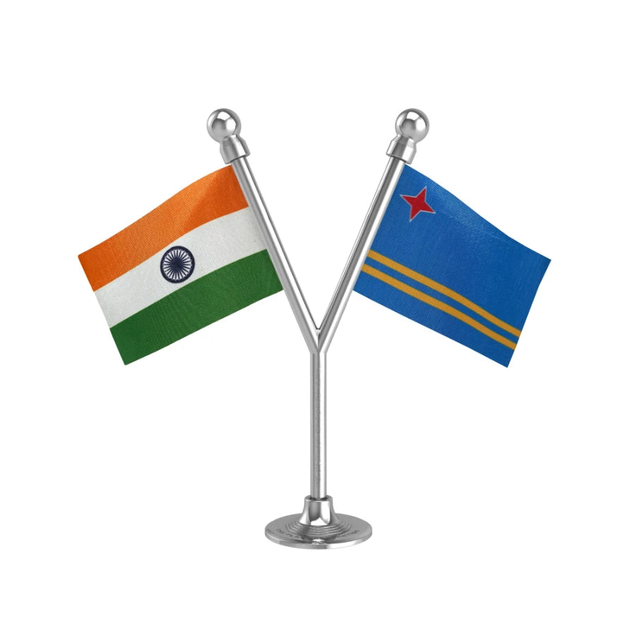 India & Aruba Dual Car Dashboard Flag of 2in x 3in With A Plastic Base