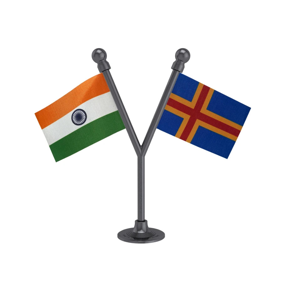 India &  Aland Islands Dual Car Dashboard Flag of 2in x 3in With A Plastic Base