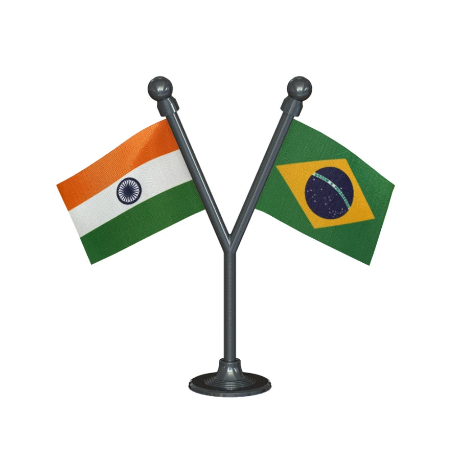 India & Brazil Dual Car Dashboard Flag of 2in x 3in With A Plastic Base