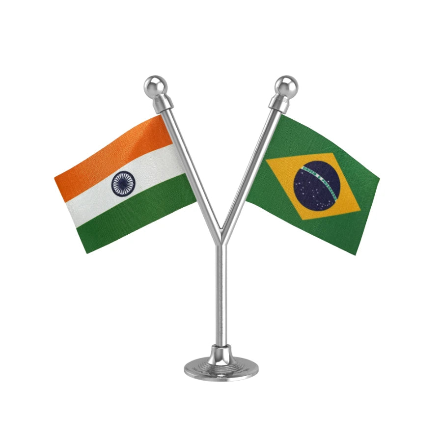 India & Brazil Dual Car Dashboard Flag of 2in x 3in With A Plastic Base