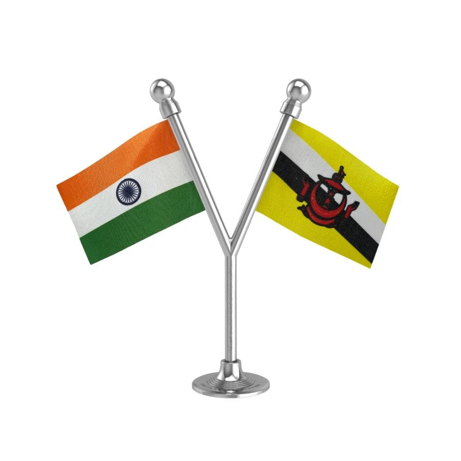 India & Brunei Darussalam Dual Car Dashboard Flag of 2in x 3in With A Plastic Base