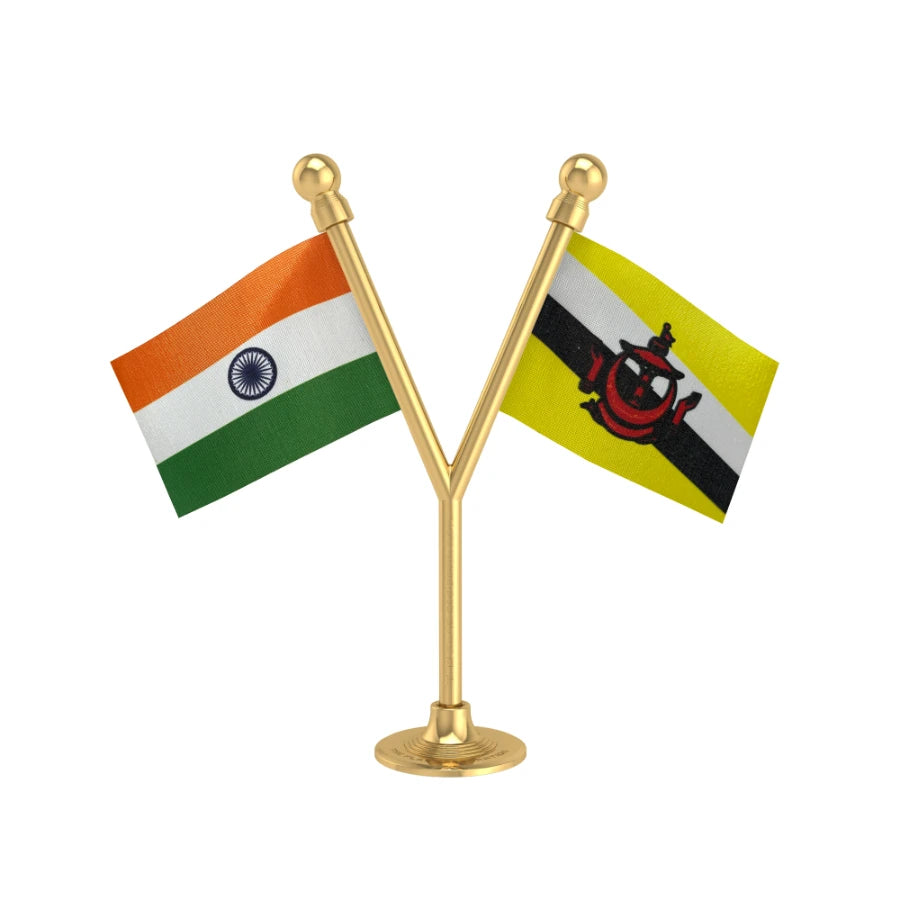 India & Brunei Darussalam Dual Car Dashboard Flag of 2in x 3in With A Plastic Base
