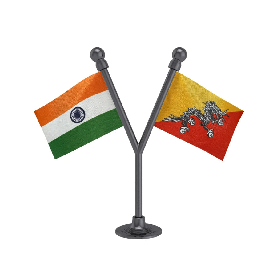 India & Bhutan Dual Car Dashboard Flag of 2in x 3in With A Plastic Base