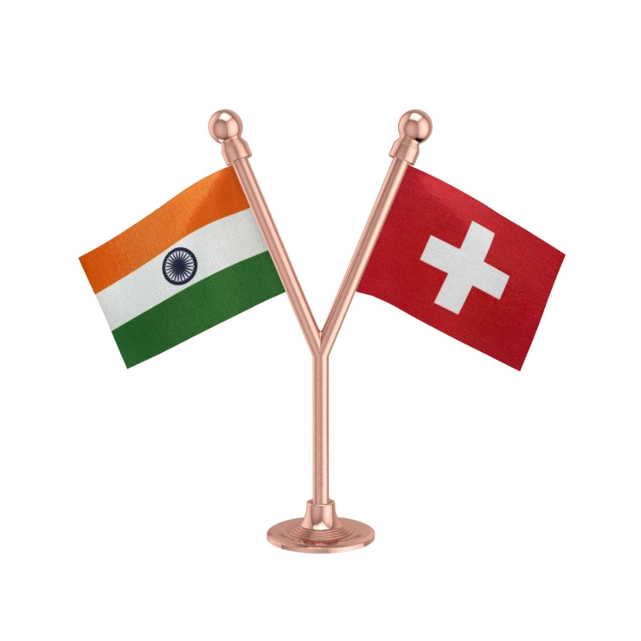 India & Switzerland Dual Car Dashboard Flag of 2in x 3in With A Plastic Base