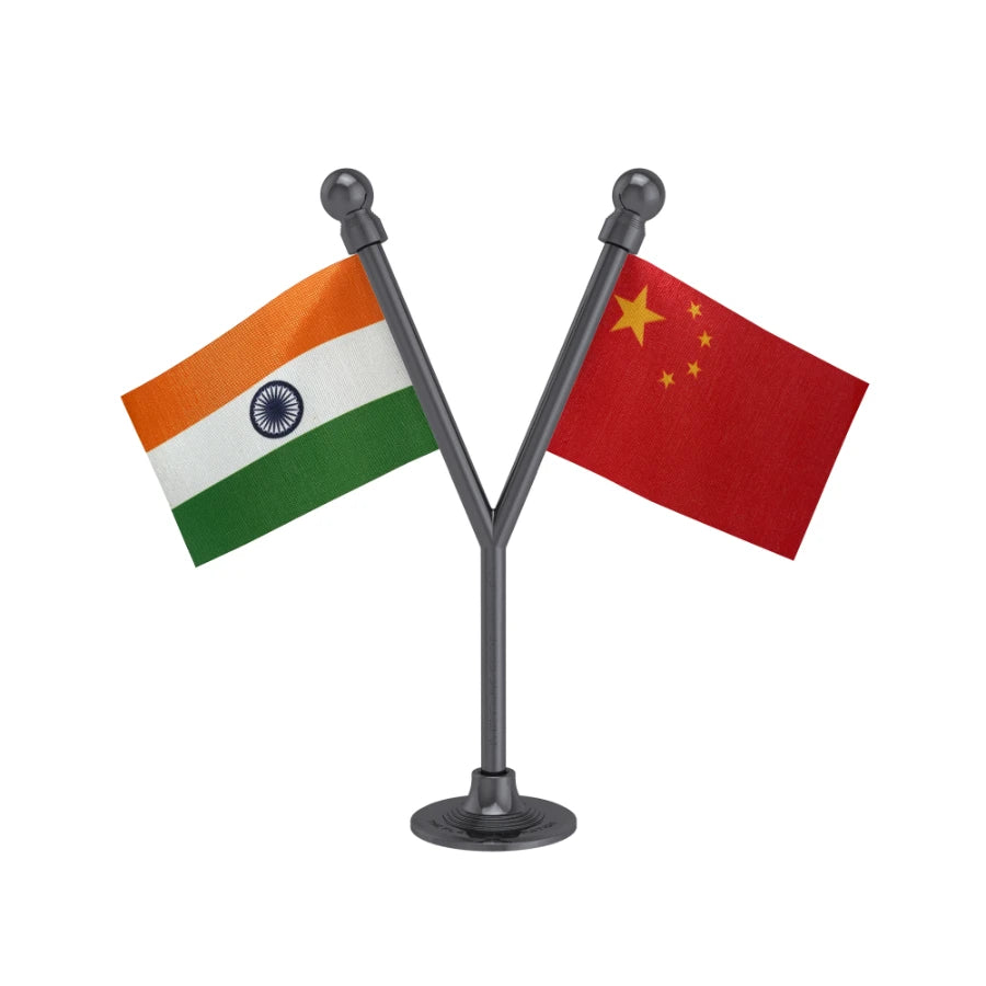 India & China Dual Car Dashboard Flag of 2in x 3in With A Plastic Base