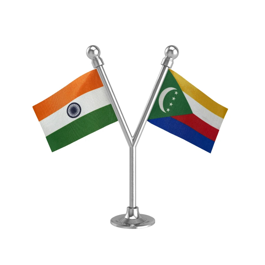 India & Comoros Dual Car Dashboard Flag of 2in x 3in With A Plastic Base