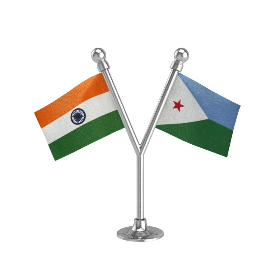 India & Djibouti Dual Car Dashboard Flag of 2in x 3in With A Plastic Base
