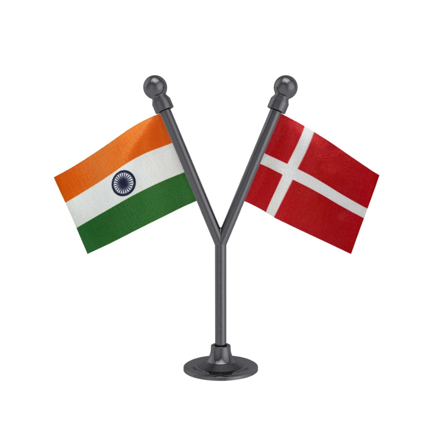 India & Denmark Dual Car Dashboard Flag of 2in x 3in With A Plastic Base