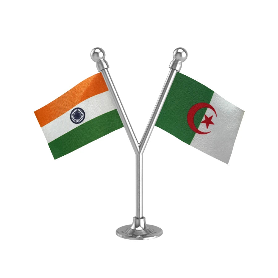India & Algeria Dual Car Dashboard Flag of 2in x 3in With A Plastic Base