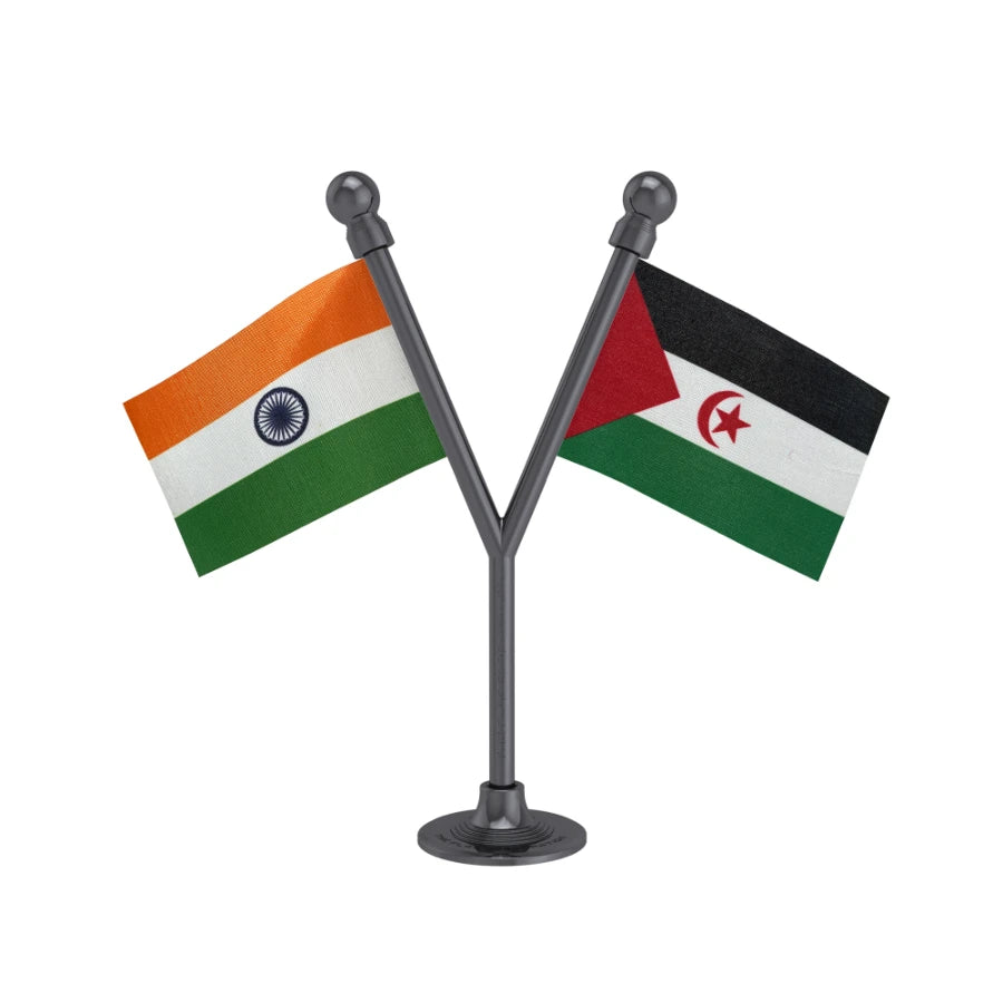 India & Western Sahara Dual Car Dashboard Flag of 2in x 3in With A Plastic Base