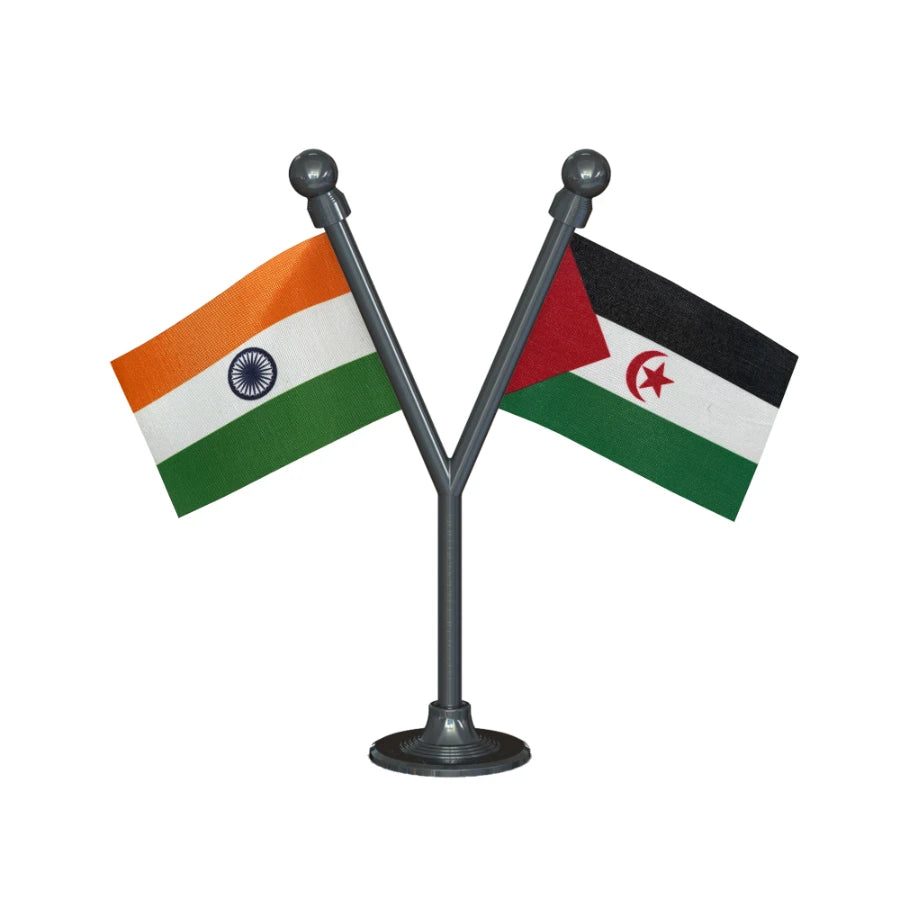 India & Western Sahara Dual Car Dashboard Flag of 2in x 3in With A Plastic Base