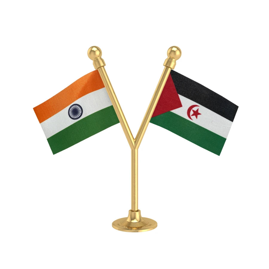 India & Western Sahara Dual Car Dashboard Flag of 2in x 3in With A Plastic Base