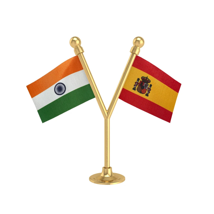 India & Spain Dual Car Dashboard Flag of 2in x 3in With A Plastic Base