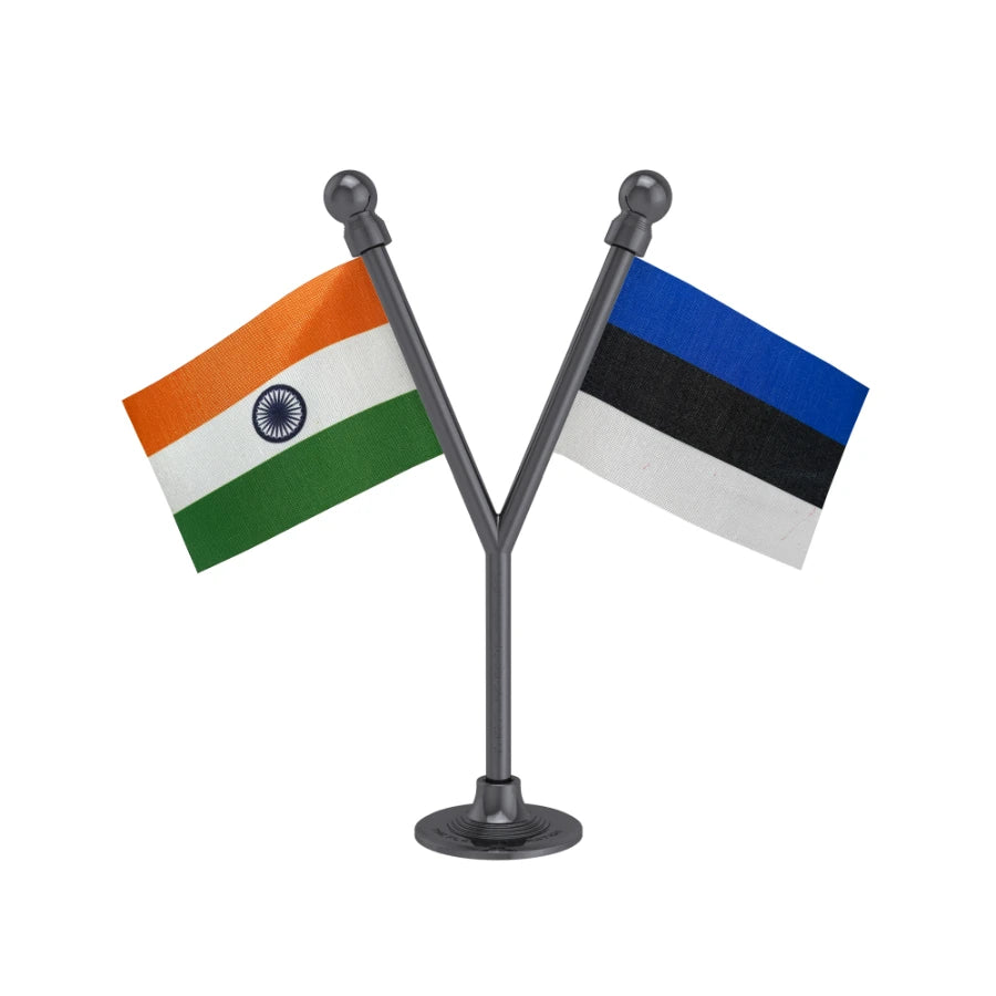 India & Estonia Dual Car Dashboard Flag of 2in x 3in With A Plastic Base