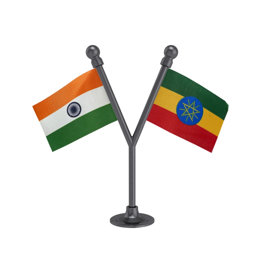 India & Ethiopia Dual Car Dashboard Flag of 2in x 3in With A Plastic Base