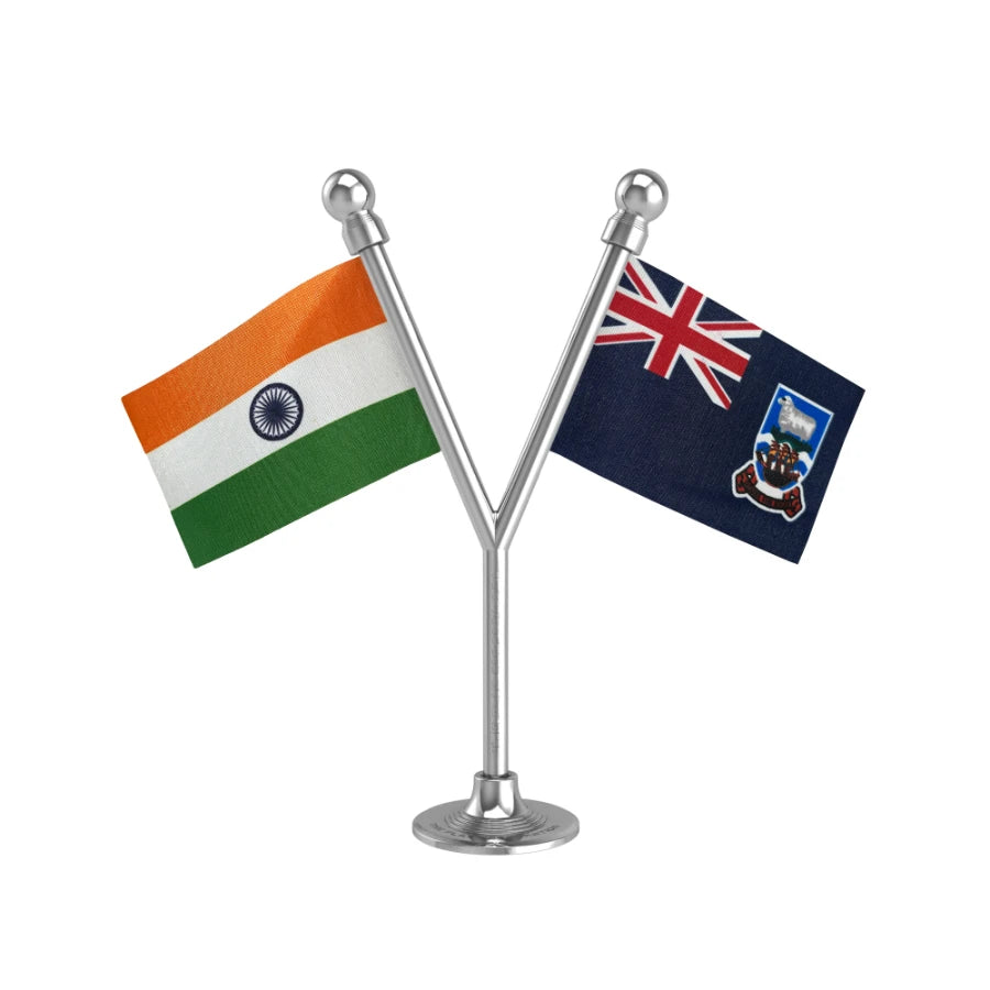 India & Falkland Islands (Malvinas) Dual Car Dashboard Flag of 2in x 3in With A Plastic Base