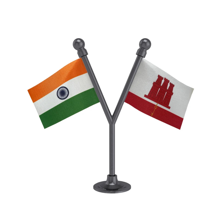 India & Gibraltar Dual Car Dashboard Flag of 2in x 3in With A Plastic Base