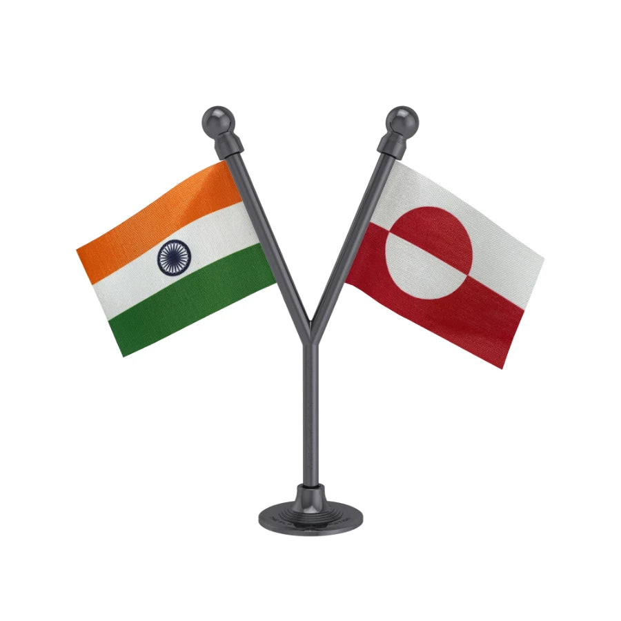 India & Greenland Dual Car Dashboard Flag of 2in x 3in With A Plastic Base