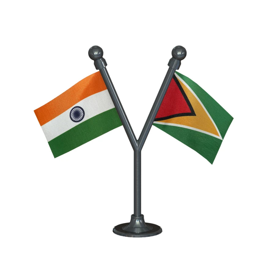 India & Guyana Dual Car Dashboard Flag of 2in x 3in With A Plastic Base