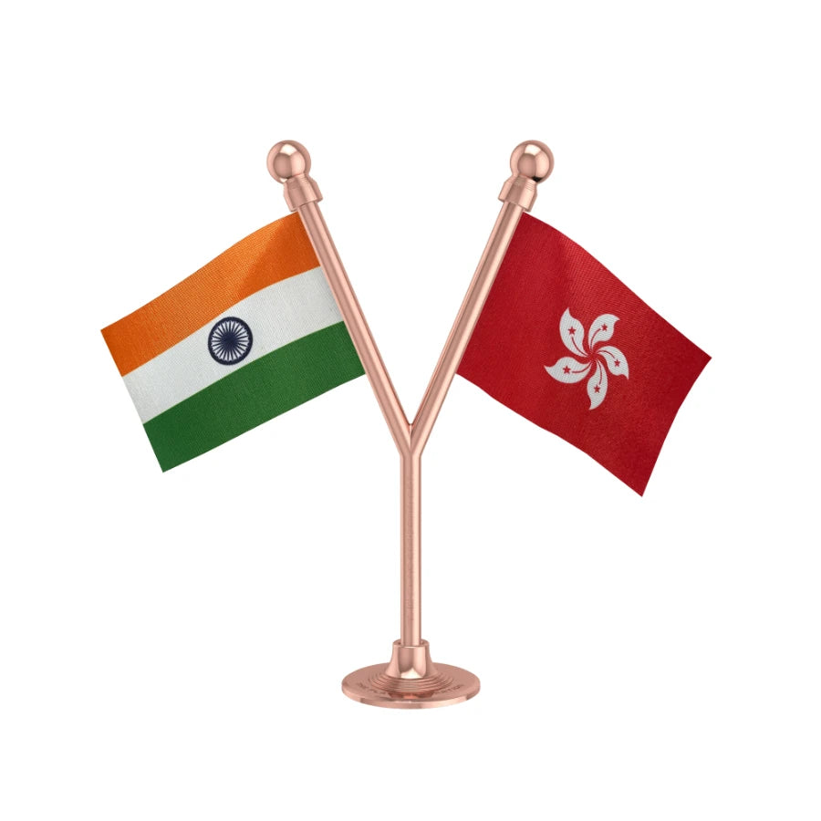 India & Hong Kong Dual Car Dashboard Flag of 2in x 3in With A Plastic Base