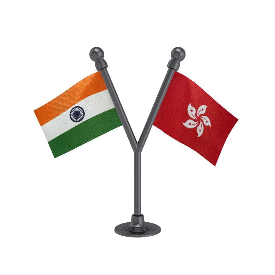 India & Hong Kong Dual Car Dashboard Flag of 2in x 3in With A Plastic Base