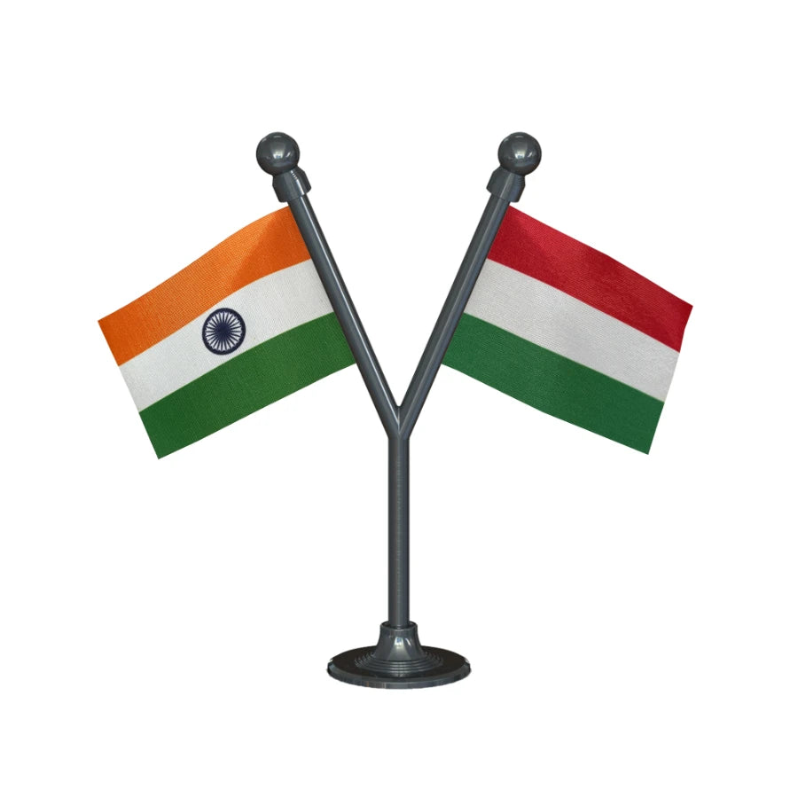 India & Hungary Dual Car Dashboard Flag of 2in x 3in With A Plastic Base