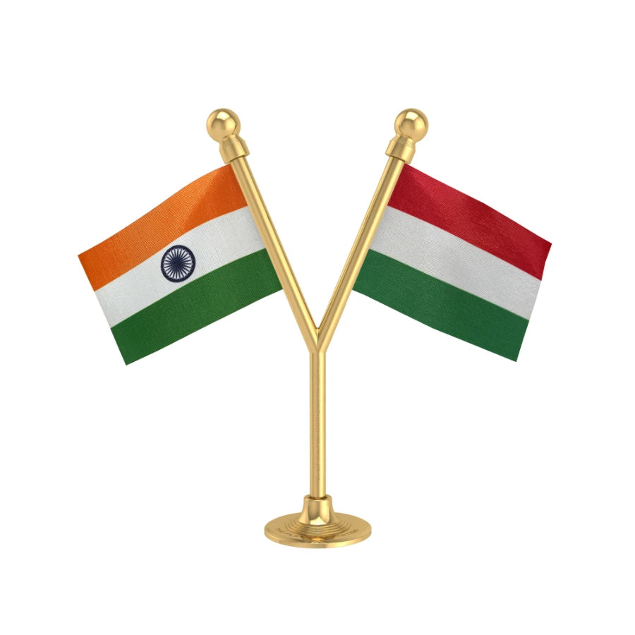 India & Hungary Dual Car Dashboard Flag of 2in x 3in With A Plastic Base