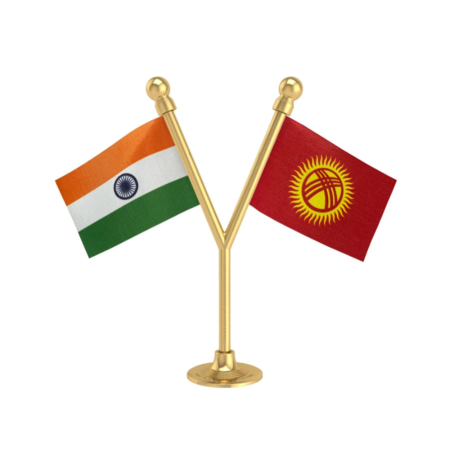 India & Kyrgyzstan Dual Car Dashboard Flag of 2in x 3in With A Plastic Base