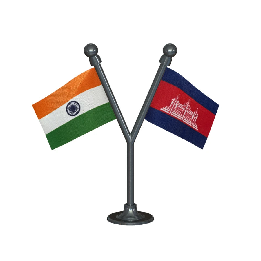 India & Cambodia Dual Car Dashboard Flag of 2in x 3in With A Plastic Base