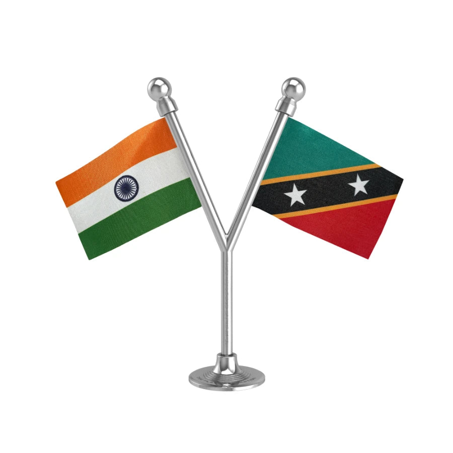 India & Saint Kitts & Nevis Dual Car Dashboard Flag of 2in x 3in With A Plastic Base