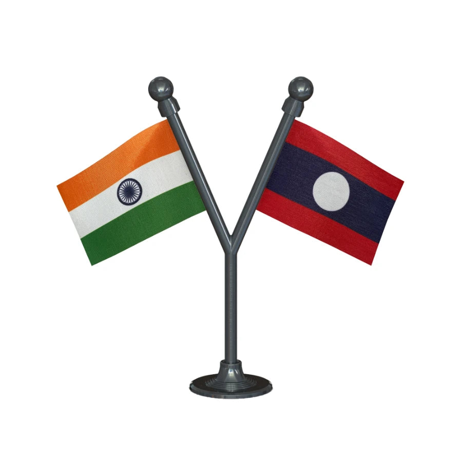 India & Laos Dual Car Dashboard Flag of 2in x 3in With A Plastic Base
