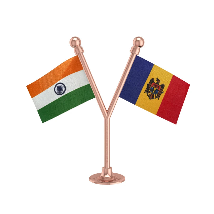 India & Moldova Dual Car Dashboard Flag of 2in x 3in With A Plastic Base