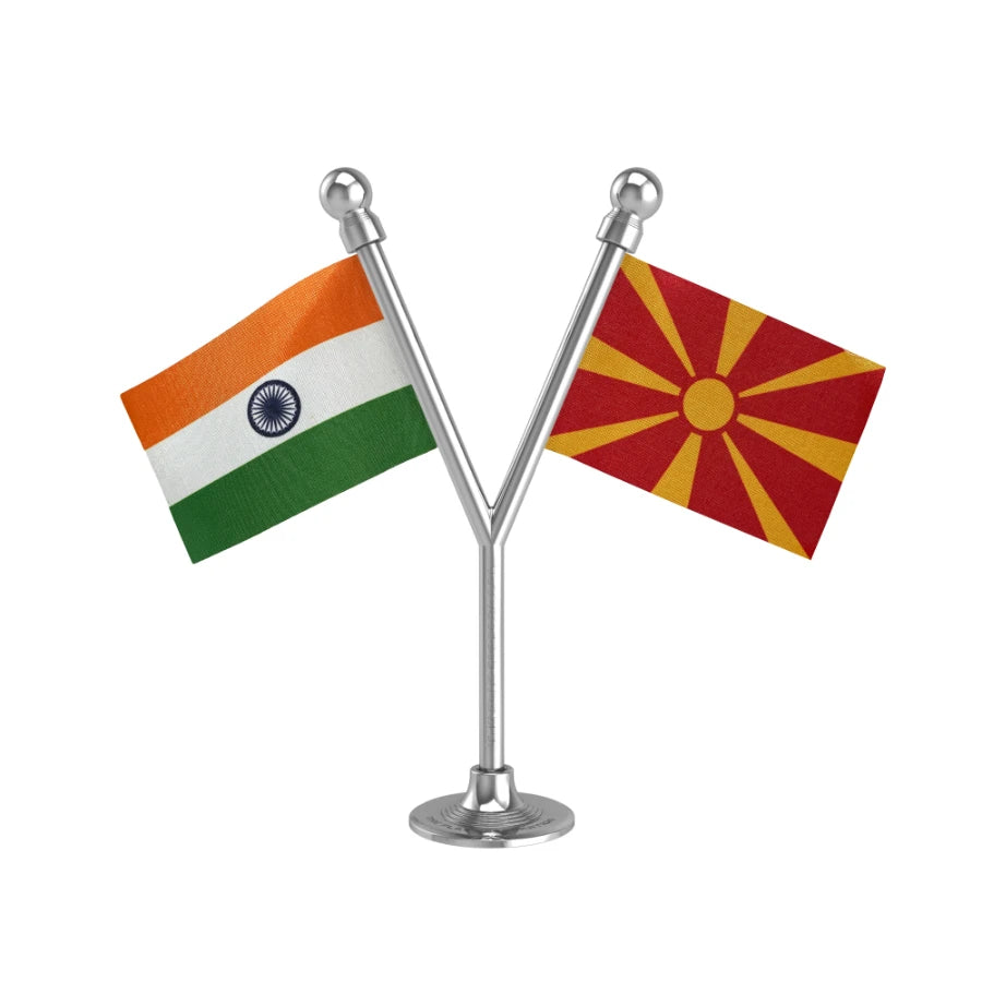 India & Macedonia Dual Car Dashboard Flag of 2in x 3in With A Plastic Base