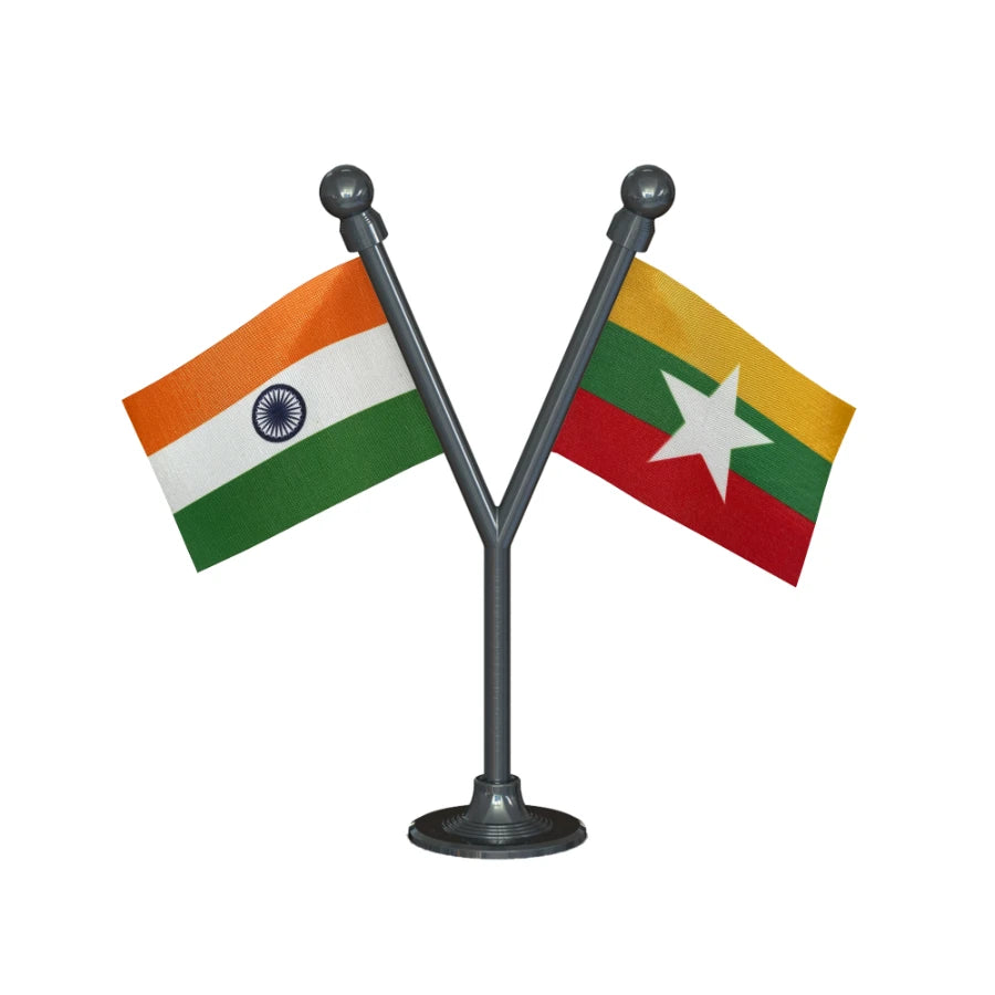 India & Myanmar Dual Car Dashboard Flag of 2in x 3in With A Plastic Base