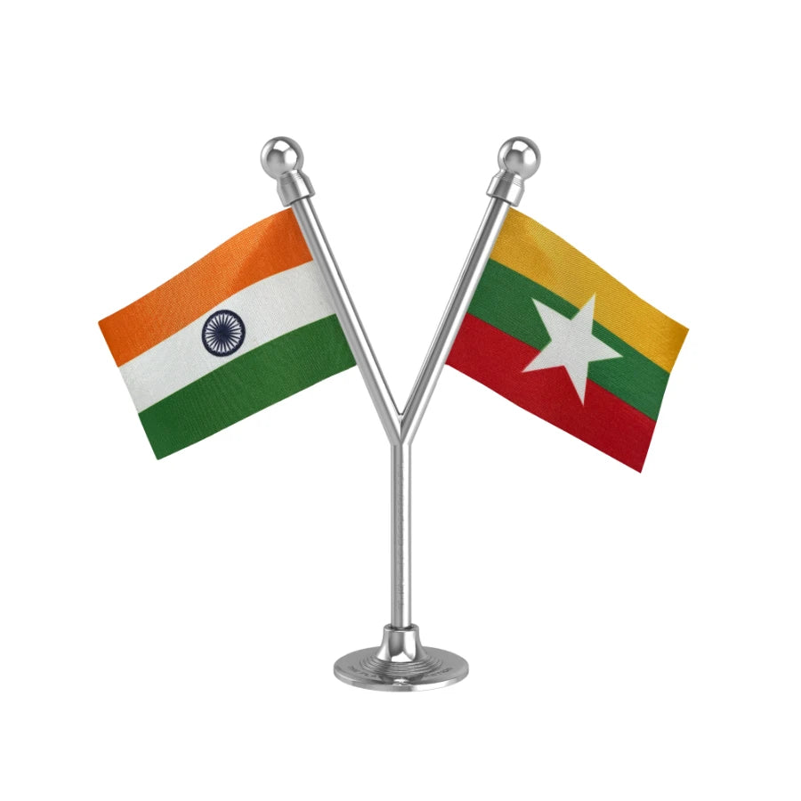 India & Myanmar Dual Car Dashboard Flag of 2in x 3in With A Plastic Base