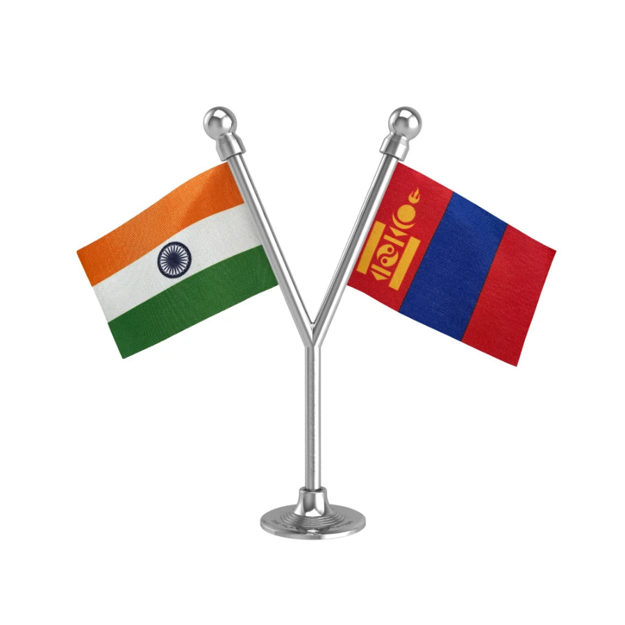 India & Mongolia Dual Car Dashboard Flag of 2in x 3in With A Plastic Base