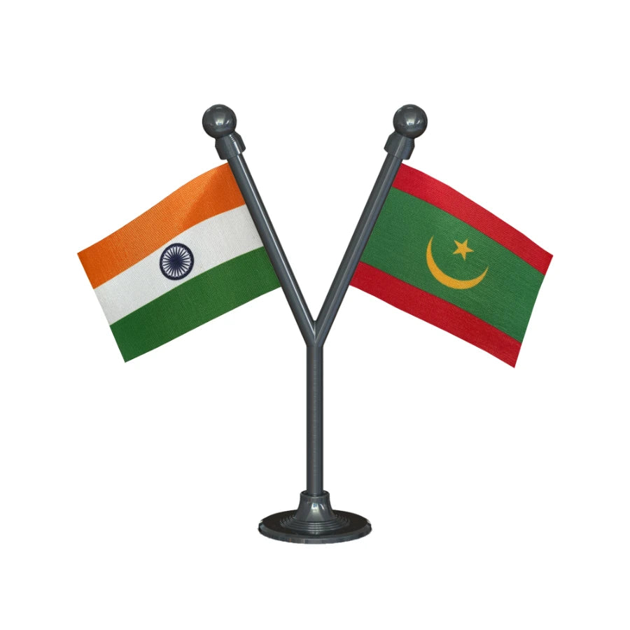 India & Mauritania Car Dashboard Flag of 2in x 3in With A Plastic Base