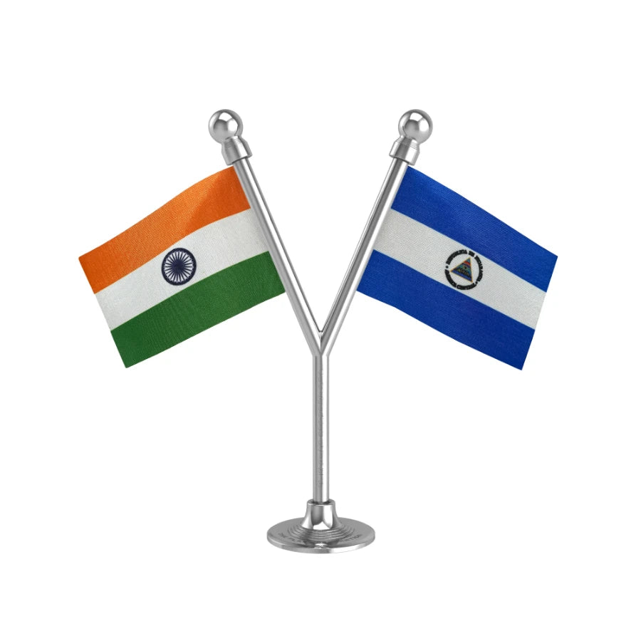 India & Nicaragua Dual Car Dashboard Flag of 2in x 3in With A Plastic Base