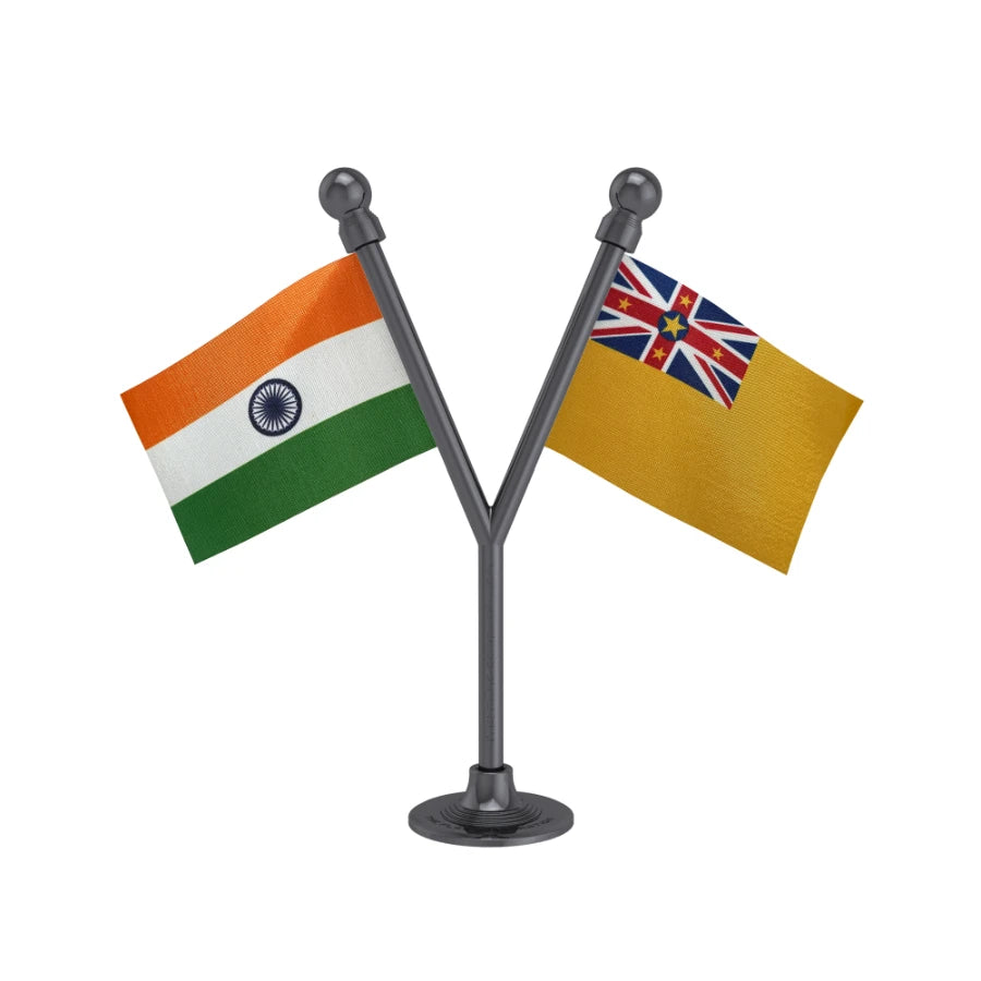 India & Niue Dual Car Dashboard Flag of 2in x 3in With A Plastic Base